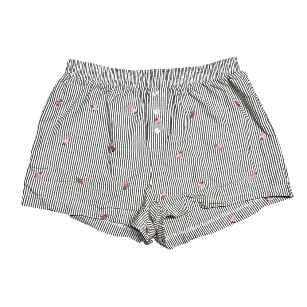 SOCIAL SCENE Strawberry Embroidered Striped Cotton Boxer Pajama Shorts Size M